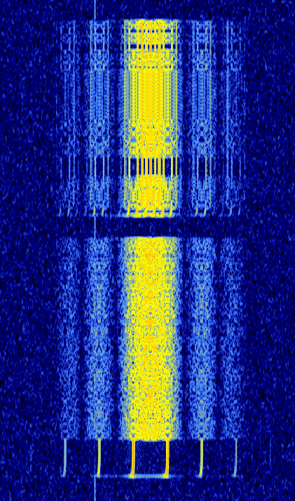 BPSK transmissions (top - no framing/whitening, bottom - framing+whitening) on a waterfall